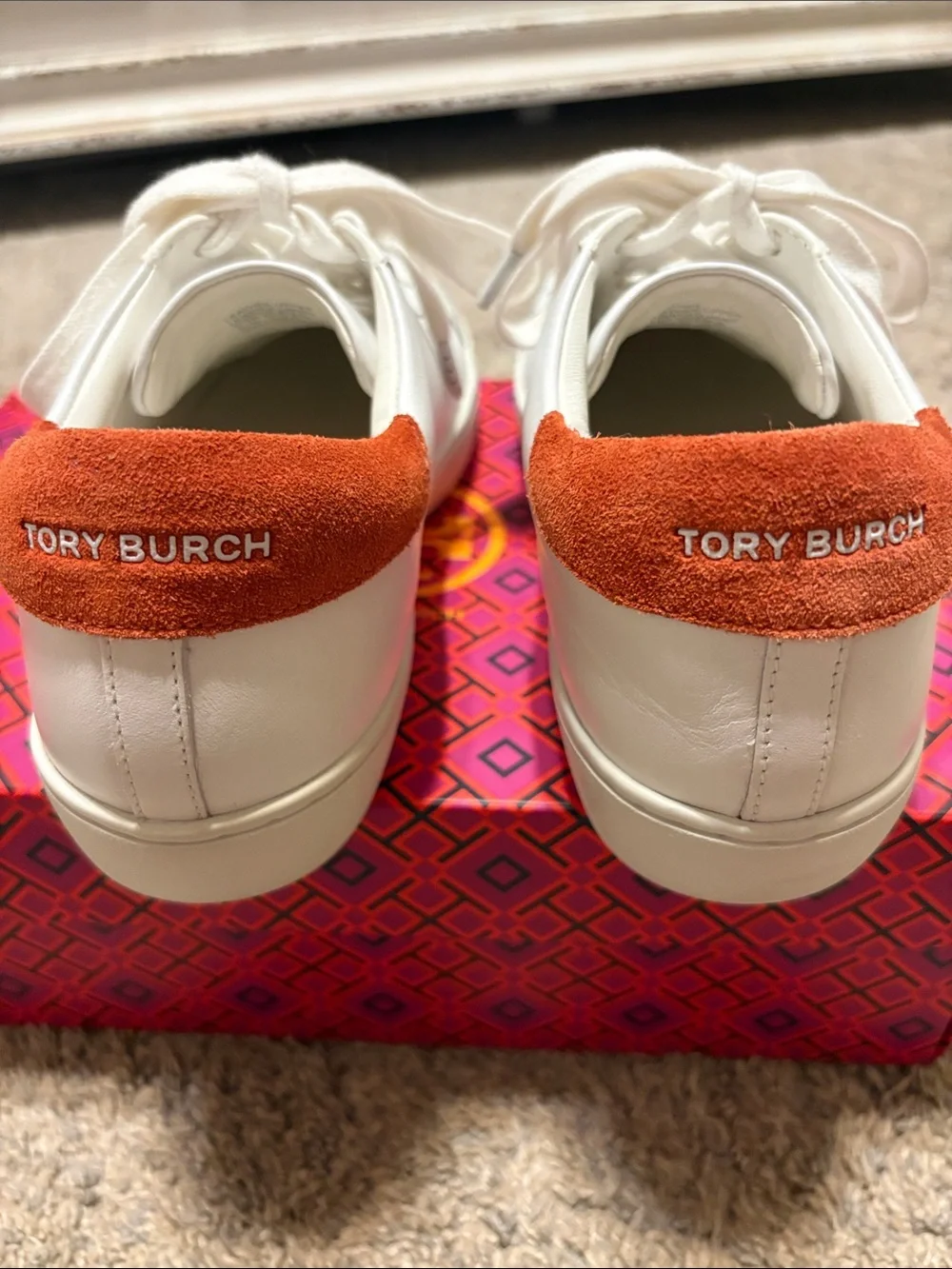 Tory Burch White Leather Sneakers with Orange Heel Accent